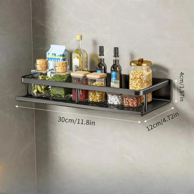 Modern Black Wall-Mounted Kitchen Shelf With Hooks