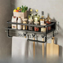 Modern Black Wall-Mounted Kitchen Shelf With Hooks