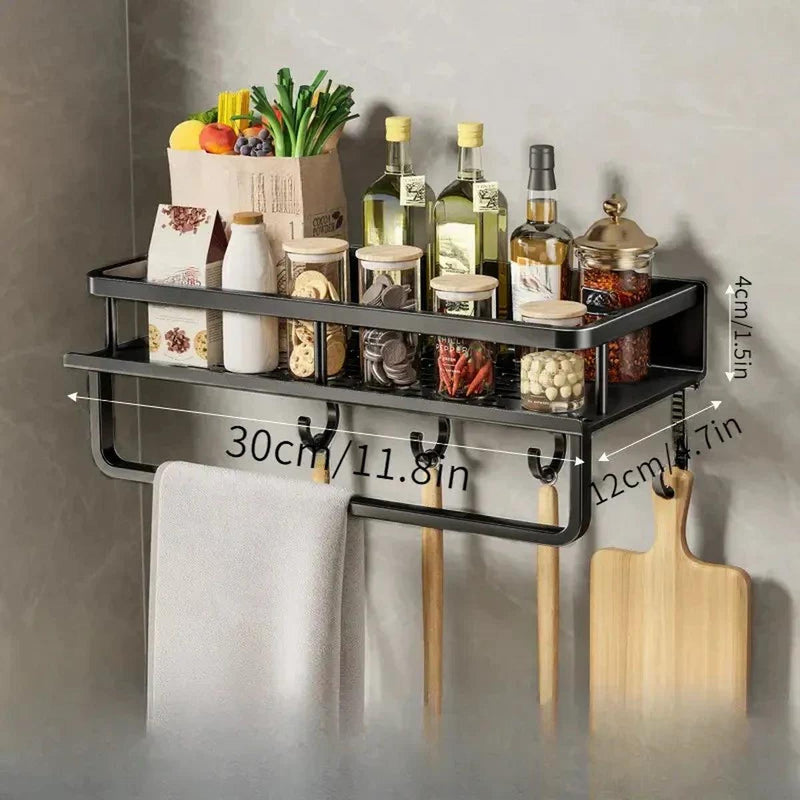 Modern Black Wall-Mounted Kitchen Shelf With Hooks