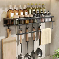 Modern Black Wall-Mounted Kitchen Shelf With Hooks