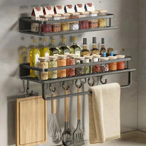 Modern Black Wall-Mounted Kitchen Shelf With Hooks