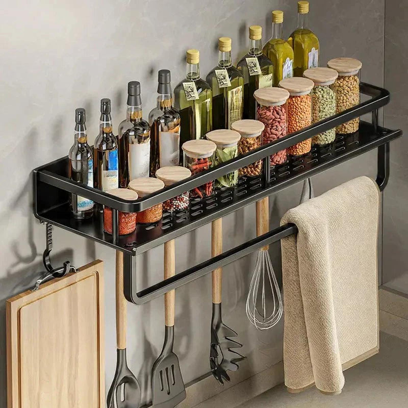 Modern Black Wall-Mounted Kitchen Shelf With Hooks