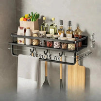 Modern Black Wall-Mounted Kitchen Shelf With Hooks