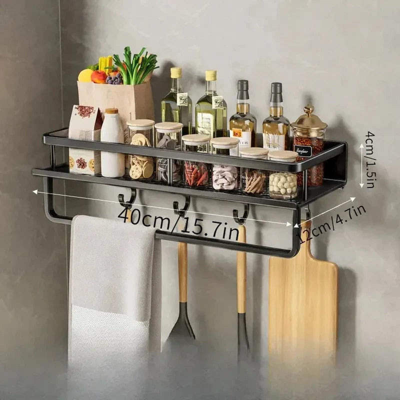 Modern Black Wall-Mounted Kitchen Shelf With Hooks