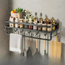 Modern Black Wall-Mounted Kitchen Shelf With Hooks