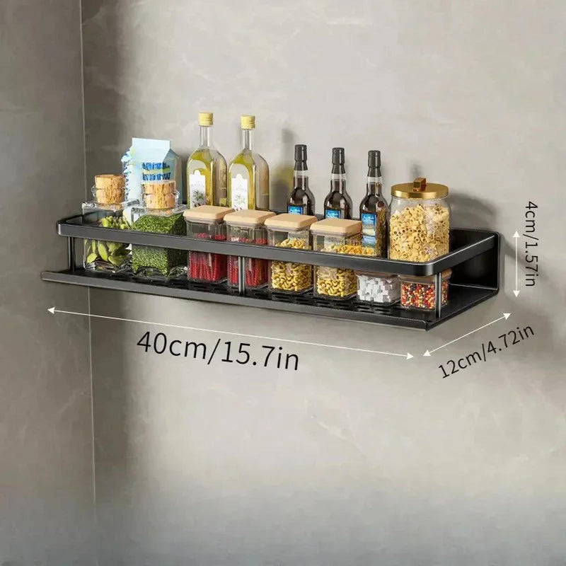 Modern Black Wall-Mounted Kitchen Shelf With Hooks