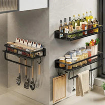 Modern Black Wall-Mounted Kitchen Shelf With Hooks