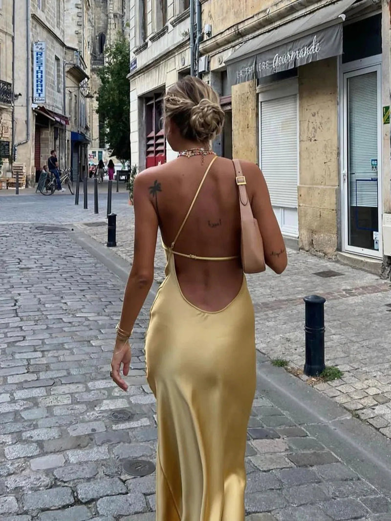 Moonlight Open Back Satin Slit Maxi Dress