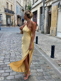 Moonlight Open Back Satin Slit Maxi Dress