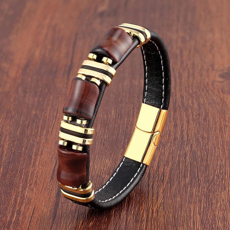 Natural Tiger Eye Stone Leather Charm Bracelet