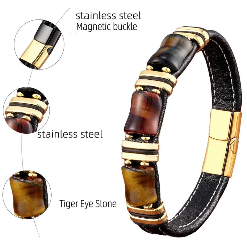Natural Tiger Eye Stone Leather Charm Bracelet