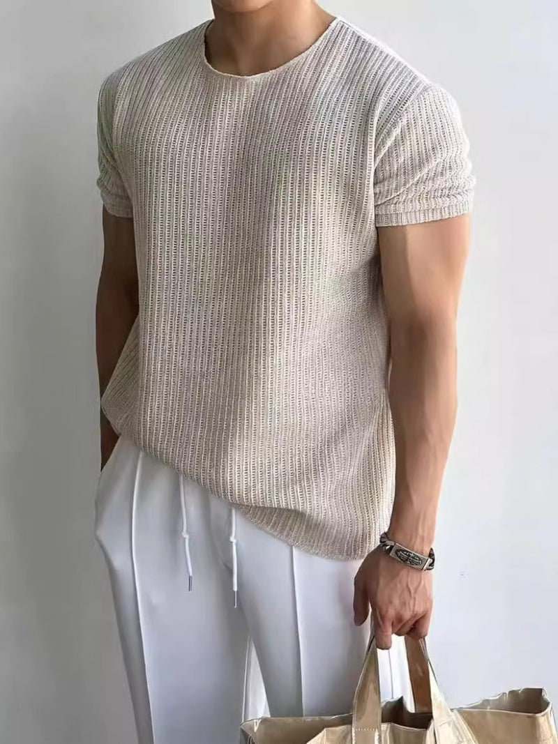 Slim Fit Semi-Sheer Ribbed Knit T-Shirt