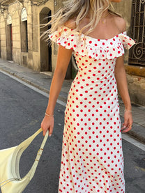 Off-Shoulder Polka Dot Ruffle Hem Maxi Sundress