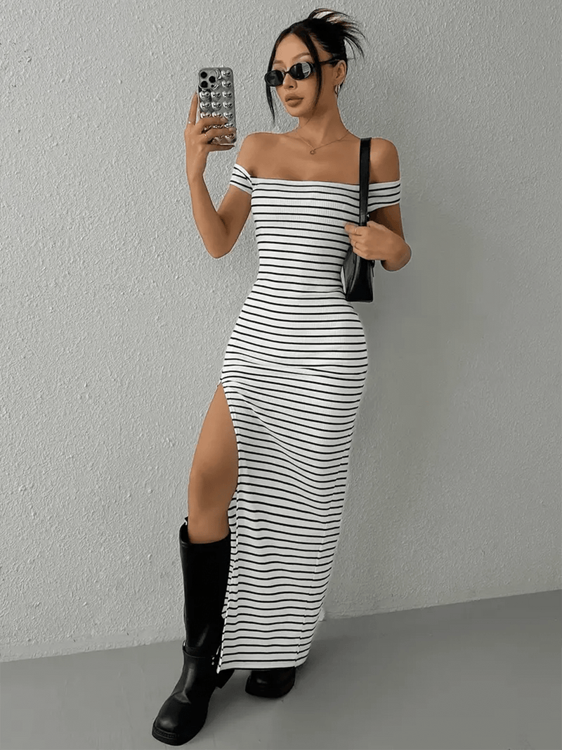Off Shoulder Striped Maxi Dress