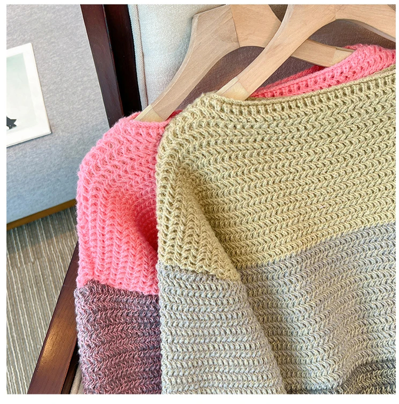 Plus Size Knitted Sweater With Patchwork Design For Autumn And Winter