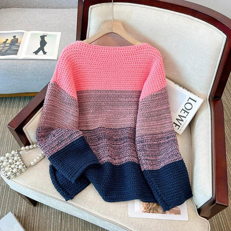 Plus Size Knitted Sweater With Patchwork Design For Autumn And Winter
