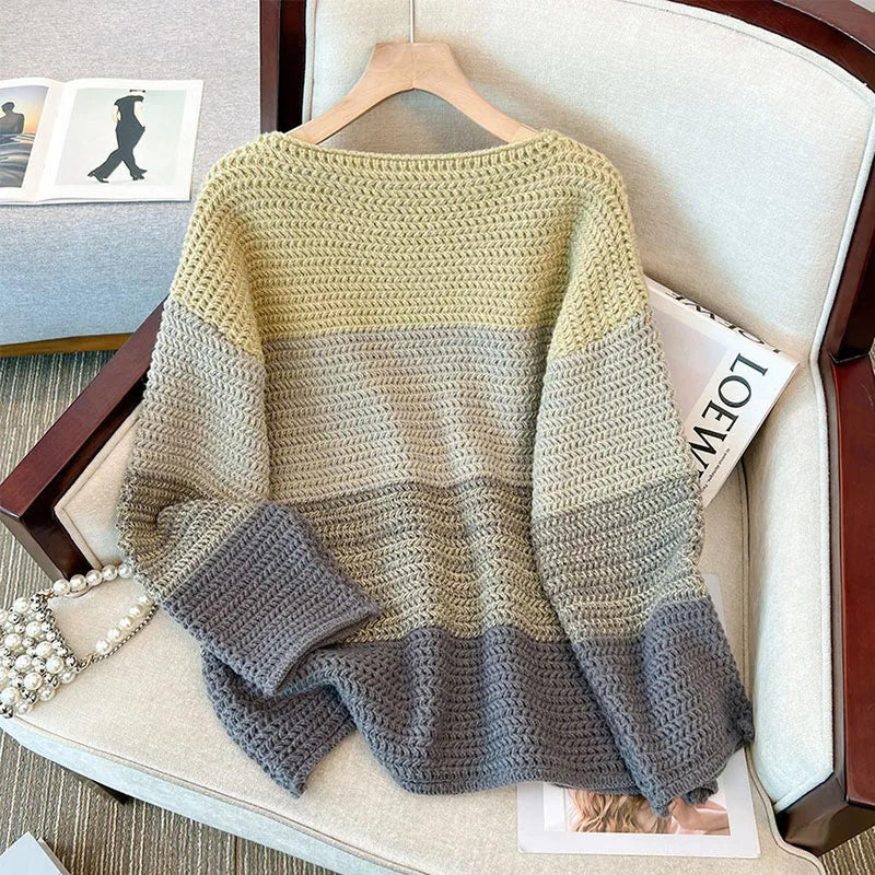 Plus Size Knitted Sweater With Patchwork Design For Autumn And Winter