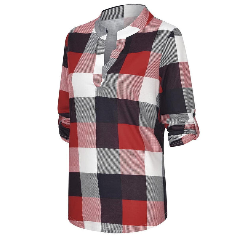 Oversized V-Neck Plaid Blouse With Long Sleeves