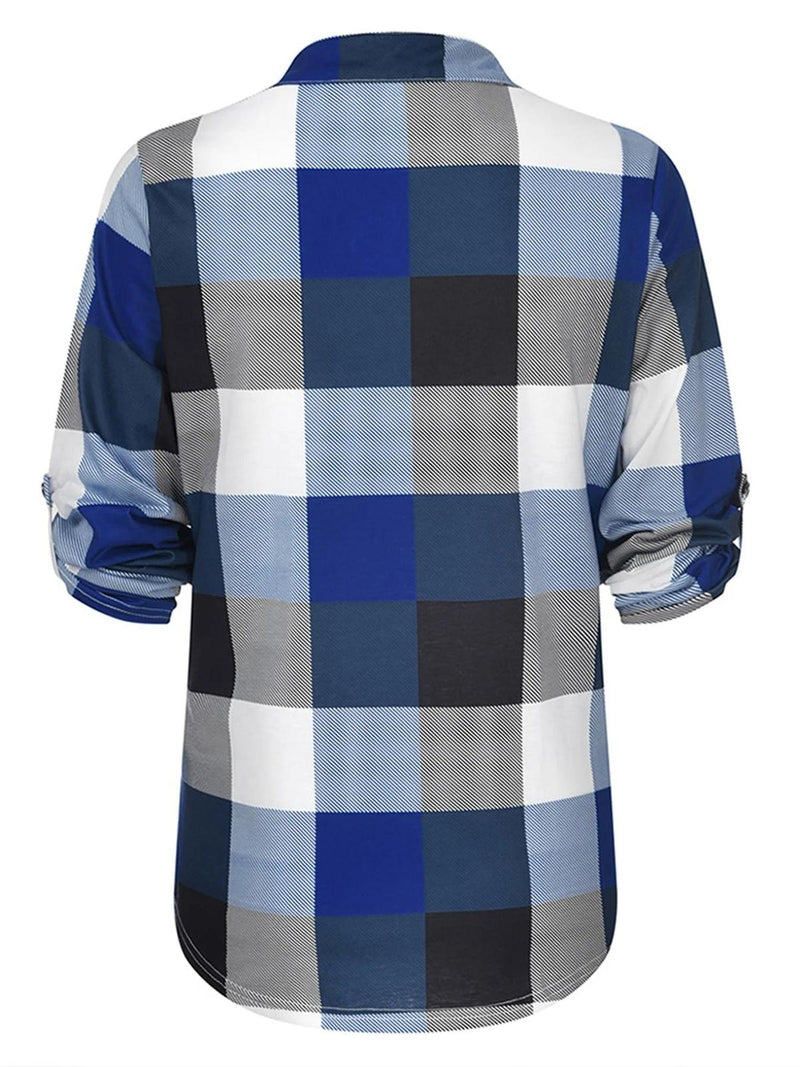 Oversized V-Neck Plaid Blouse With Long Sleeves