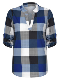 Oversized V-Neck Plaid Blouse With Long Sleeves