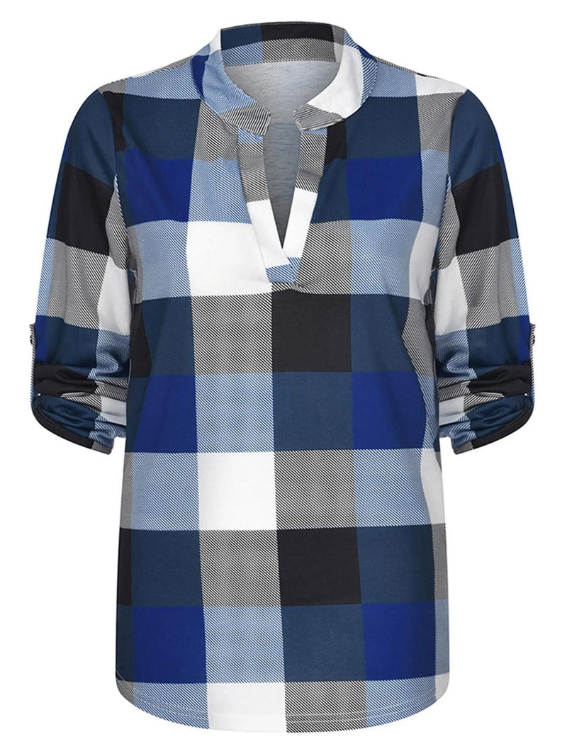 Oversized V-Neck Plaid Blouse With Long Sleeves