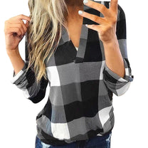 Oversized V-Neck Plaid Blouse With Long Sleeves