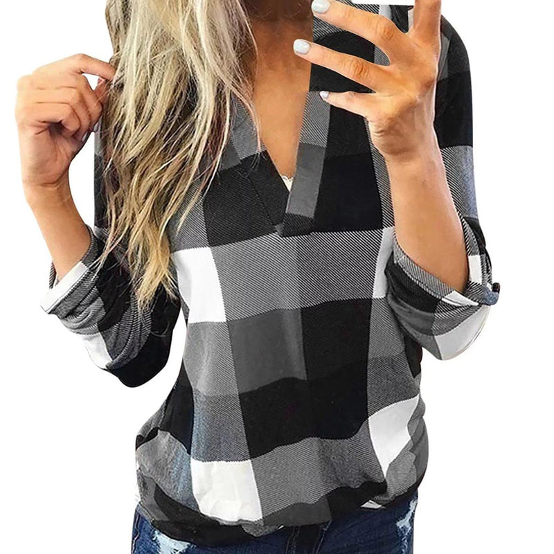 Oversized V-Neck Plaid Blouse With Long Sleeves