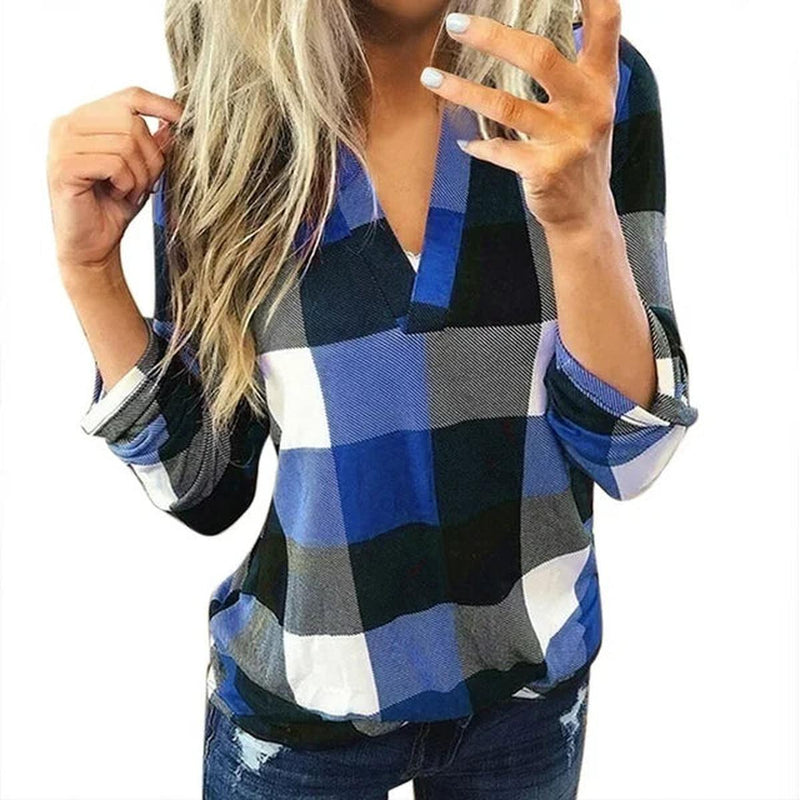 Oversized V-Neck Plaid Blouse With Long Sleeves
