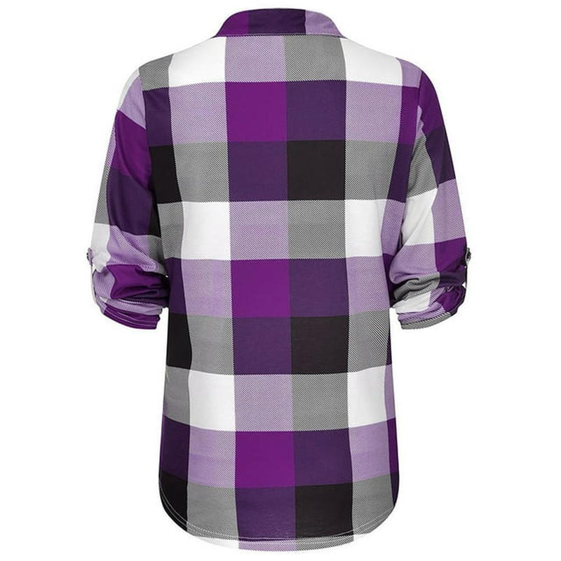 Oversized V-Neck Plaid Blouse With Long Sleeves
