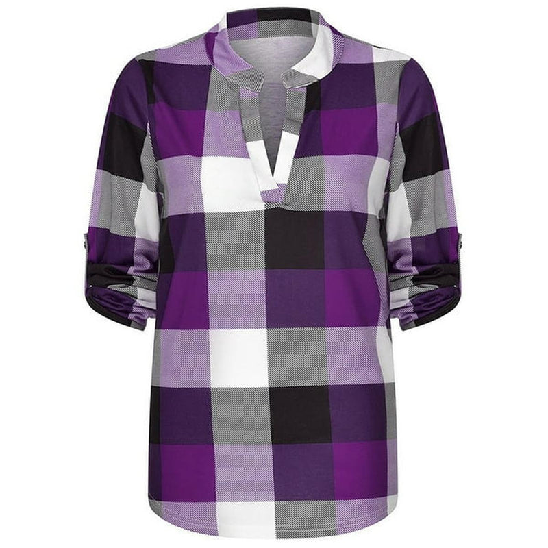 Oversized V-Neck Plaid Blouse With Long Sleeves