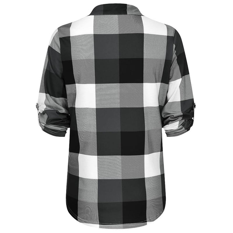Oversized V-Neck Plaid Blouse With Long Sleeves
