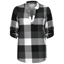 Oversized V-Neck Plaid Blouse With Long Sleeves