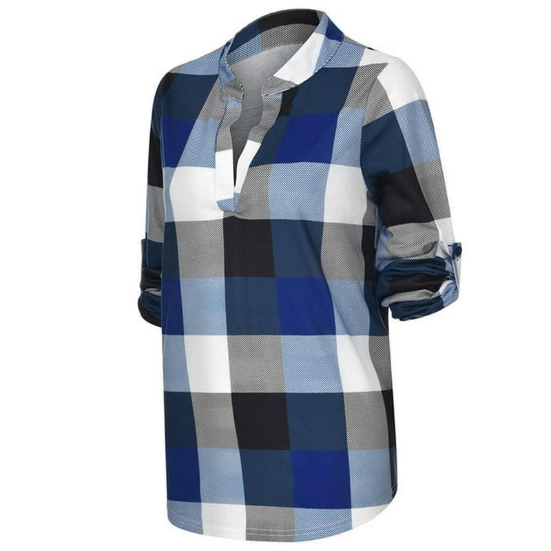 Oversized V-Neck Plaid Blouse With Long Sleeves