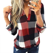 Oversized V-Neck Plaid Blouse With Long Sleeves