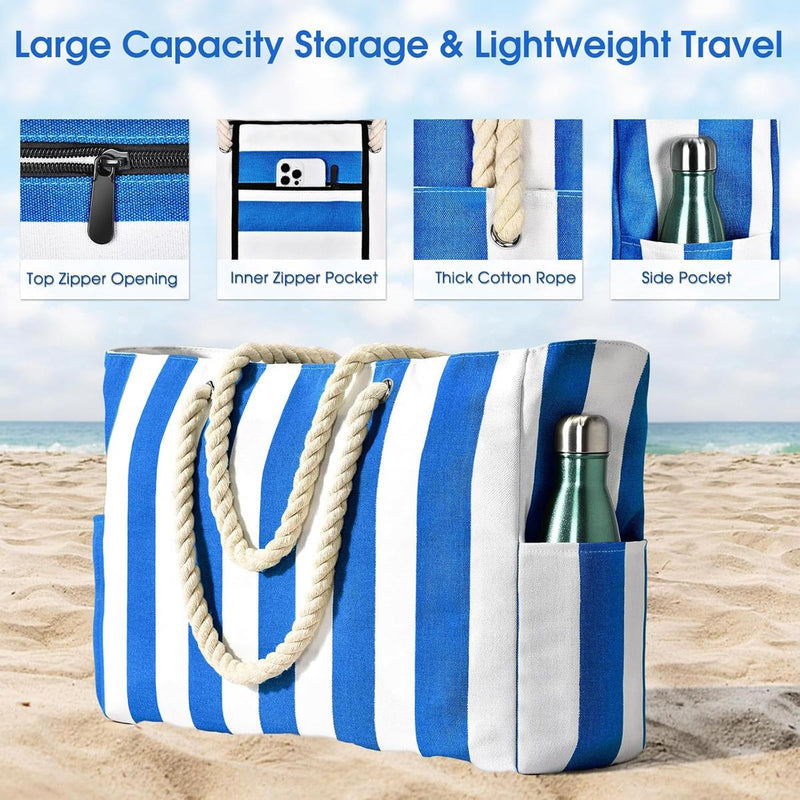 Oversized Waterproof Beach Tote Bag With Zipper Closure And Side Pockets