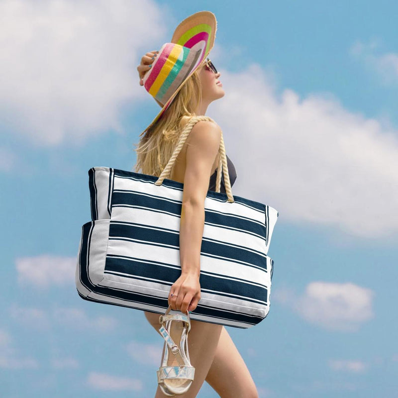 Oversized Waterproof Beach Tote Bag With Zipper Closure And Side Pockets
