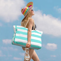Oversized Waterproof Beach Tote Bag With Zipper Closure And Side Pockets