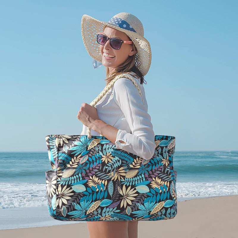 Oversized Waterproof Beach Tote Bag With Zipper Closure And Side Pockets
