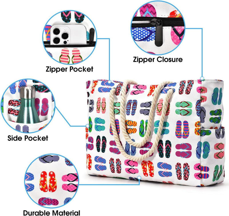 Oversized Waterproof Beach Tote Bag With Zipper Closure And Side Pockets