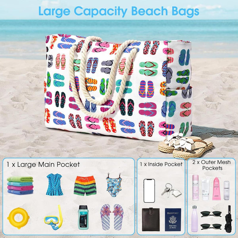 Oversized Waterproof Beach Tote Bag With Zipper Closure And Side Pockets