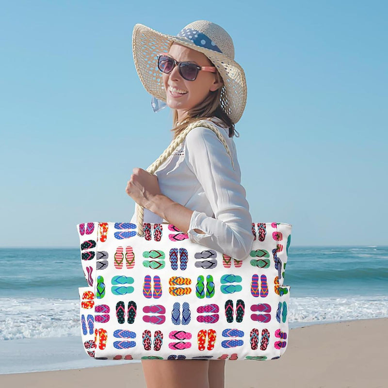 Oversized Waterproof Beach Tote Bag With Zipper Closure And Side Pockets