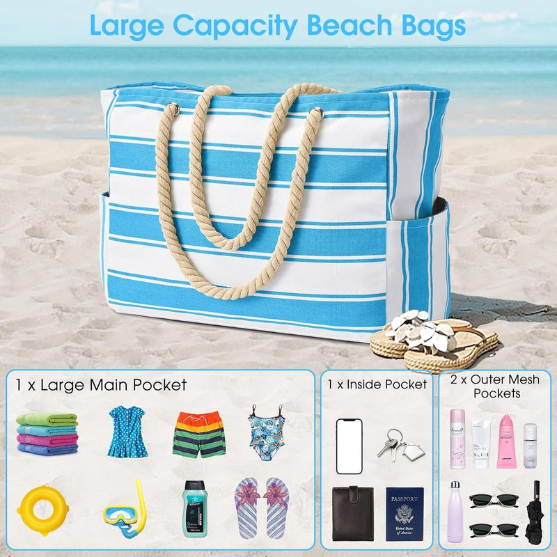 Oversized Waterproof Beach Tote Bag With Zipper Closure And Side Pockets