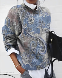 Paisley Pattern Long-Sleeved Top for Women in Blue and Grey