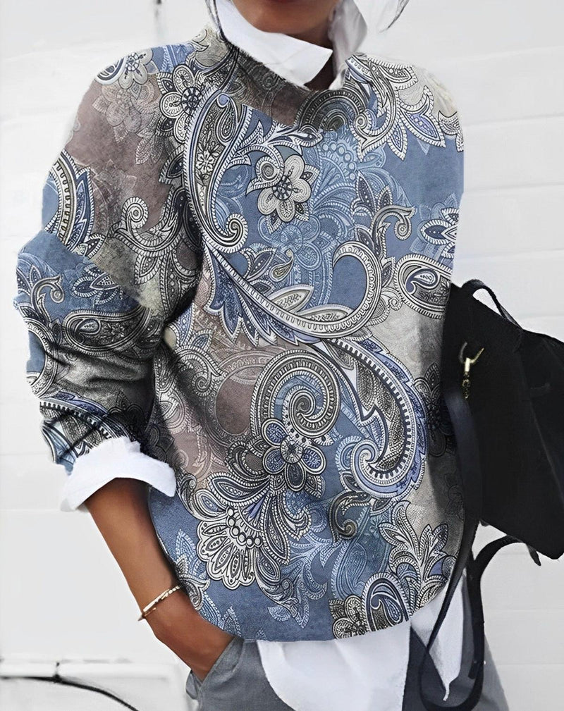 Paisley Pattern Long-Sleeved Top for Women in Blue and Grey