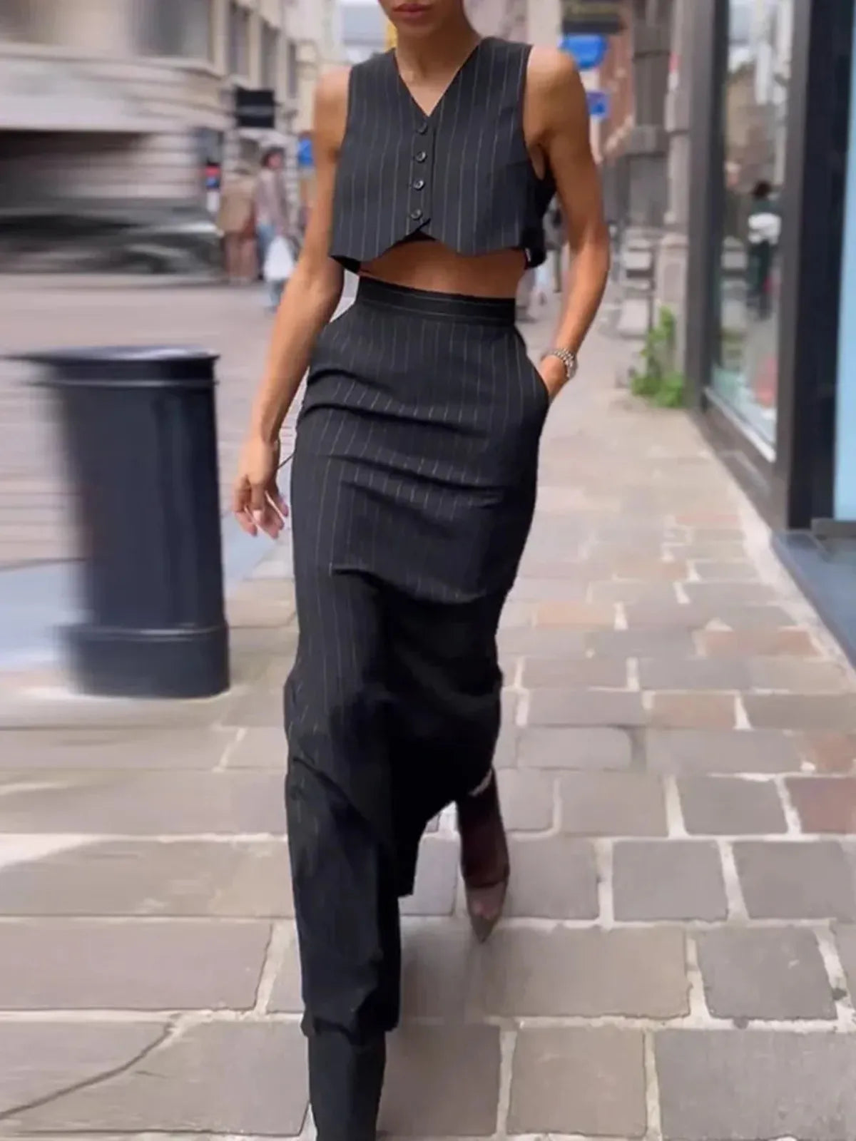 Pinstripe Button Crop Co-ord Skirt Set
