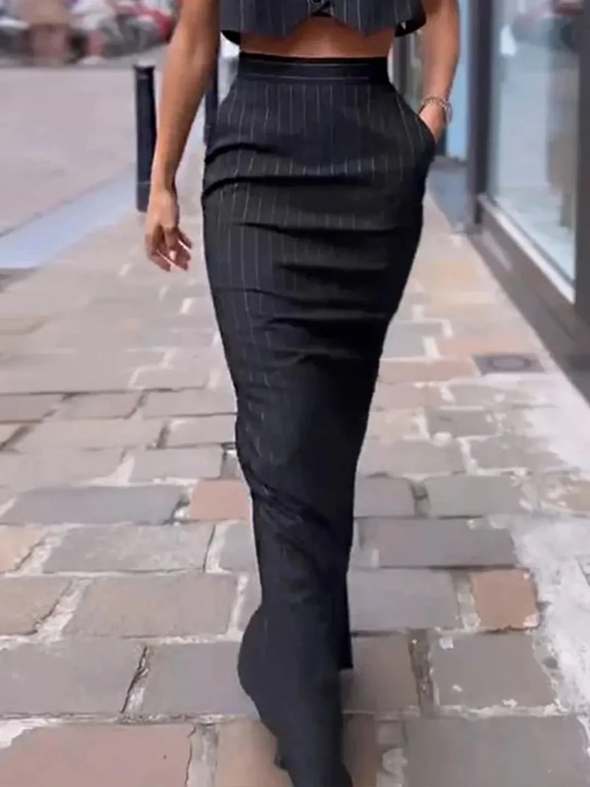 Pinstripe Button Crop Co-ord Skirt Set