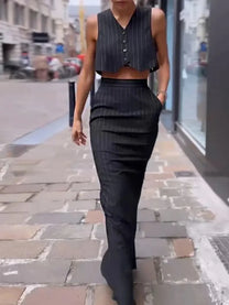 Pinstripe Button Crop Co-ord Skirt Set