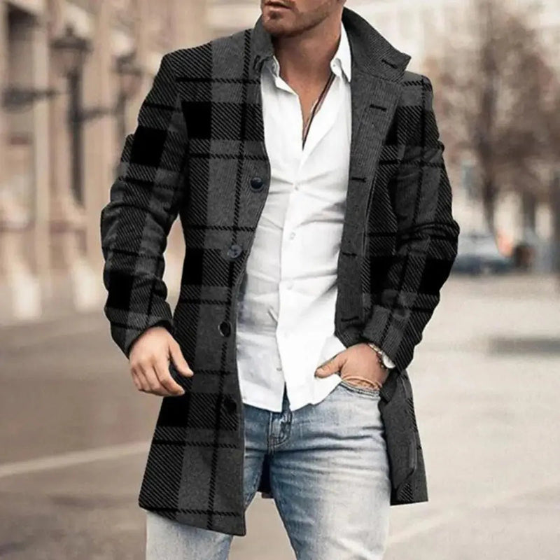 Plaid Double-Breasted Trench Coat for Men