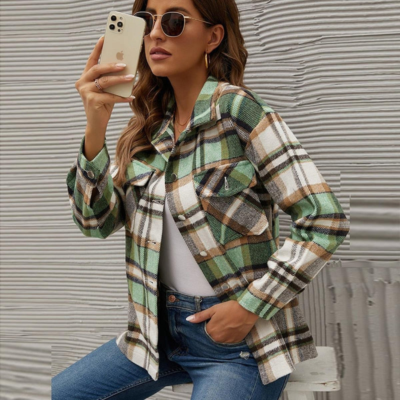 Plaid Lightweight Transitional Jacket With Button Closure