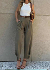 Pleated High Waist Cropped Pants